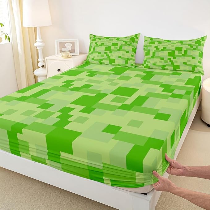 Pixelated Blocks Kids Twin Size Fitted Sheet,Video Games Abstract Gamepad Boys Girls Bed Sheets,Geometric Grid Patchwork Room Decor,Light Green Bedding Set,1 Pillowcase(No Flat)