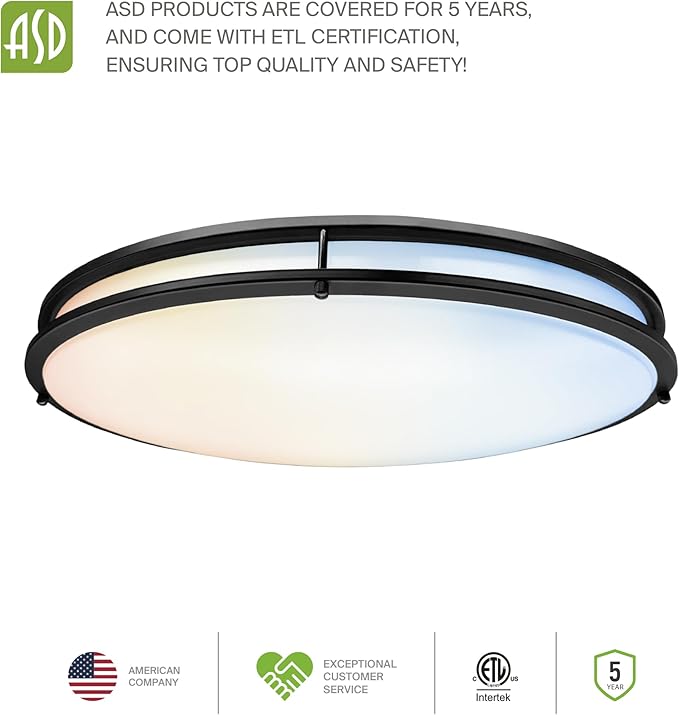ASD LED 32" Oval Flush Mount Lighting, Close to Ceiling Light Fixture | 5CCT, Dimmable, ETL Listed | 50W 4195LM 2700-5000K 120V | Low Profile Double Ring Lamp | Black