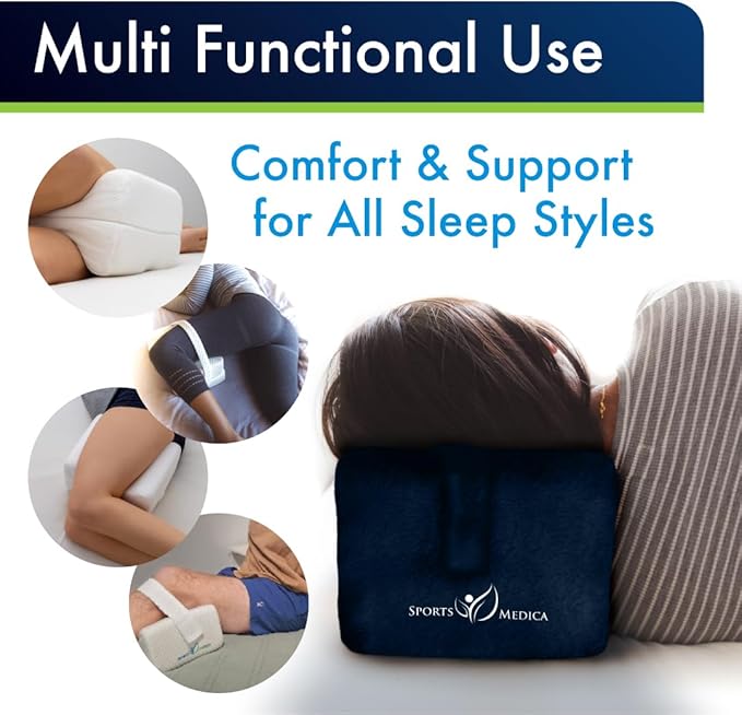 Sports Medica Doctor Developed Knee Pillow for Side Sleepers - Washable Cover Memory Foam Leg Pillow for Side Sleeping, Lower Back & Sciatica Pain Relief - Spine Alignment - Between Knee Hip Cushion
