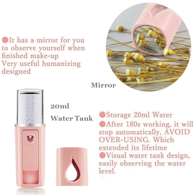 2 Pack Nano Facial Mister 20ml Mini Face Humidifier Portable Facial Sprayer USB Rechargeable Handy Skin Care Machine Moisturizing & Hydrating for Face, Makeup, Eyelash Extensions (Pink + Pink)
