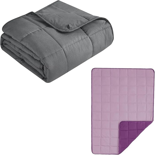 BETU Weighted Blanket (36''x48'' 3lbs Grey Small Size & 24''x29'' 5lbs Purple Weighted Lap Blanket) 2 Pieces Bundled, Cooling Heavy Blanket with Premium Glass Beads, Soft Thick Blankets for Sleep.