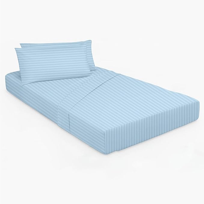 Light Blue Stripe 4 Piece Cot Bed Linen Set - 1 Fitted Sheet 33" x 75", 1 Flat Sheet 64"x 94", 2 Pillow Cases 20"x 30" Perfect for Guest Beds