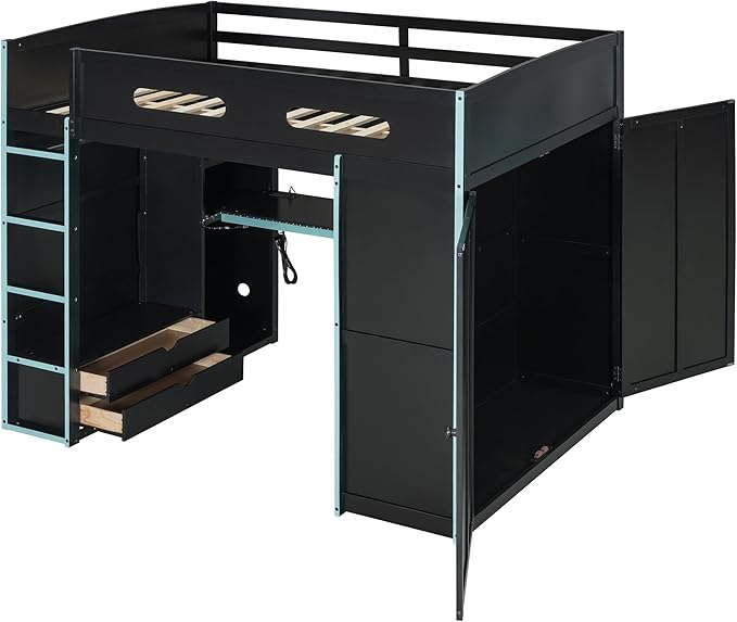 GOWE Full Size Wood Loft Bed with Desk,Wardrobe,Ample Storage Space,and RGB Light, Cloud Blue(Old SKU:LT000261AAC)