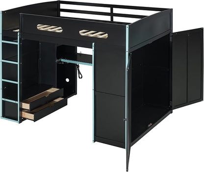 GOWE Full Size Wood Loft Bed with Desk,Wardrobe,Ample Storage Space,and RGB Light, Cloud Blue(Old SKU:LT000261AAC)