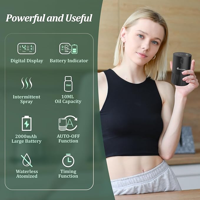 Waterless Diffuser for Essential Oil - Aroma Diffuser for Home with Battery Indicator, Portable Smart Scent Air Machine 1/2/3 & Continuous Mist, Timing & Auto-Off Function