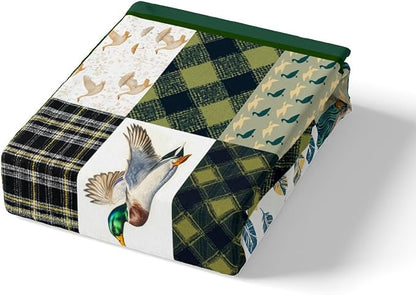 Mallard Duck Kids Fitted Sheet Twin Size,Geometric Grids Arrows Patch Bedding Set,Boys Girls Room Decor,Hunting Animal Wildlife Rustic Cabin Bed Cover,Green Bed Sheet,1 Pillowcase(No Top Sheet)