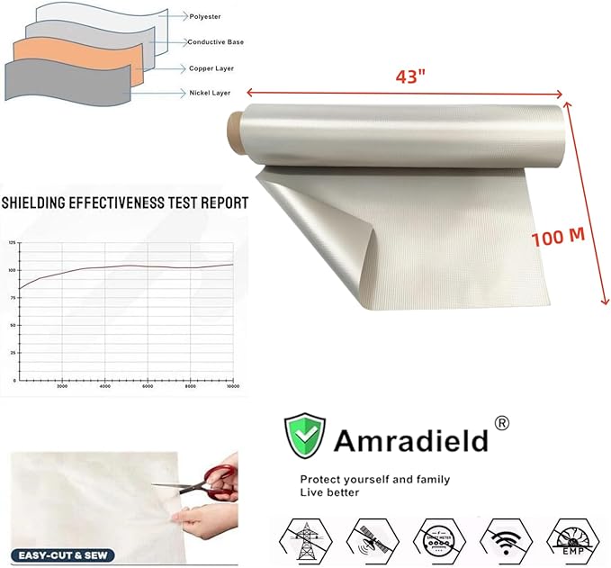 Amradield Faraday Fabric 43"x 100M long Faraday Cloth Tape Nickel Copper Polyester Material Influence RF Signals WiFi Cell Bluetooth RFID Guards you Against Harmful Frequencies and Possible Data Theft