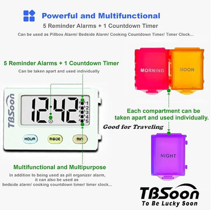 [4 in 1] 1 Day 4 Times Medicine Pill Organizer +5 Alarms + Timer+ Clock, Large Compartments,Loud Sound,Large Screen, Moisture-Proof,Dust-Proof, Travel Daily Pill Box/Organizer/Case/Container/Dispenser