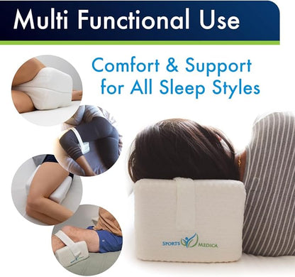 Sports Medica Doctor Developed Knee Pillow for Side Sleepers - Washable Cover Memory Foam Leg Pillow for Side Sleeping, Lower Back & Sciatica Pain Relief - Spine Alignment - Between Knee Hip Cushion