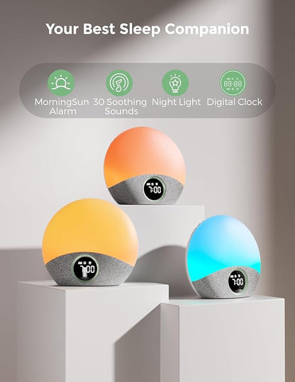 Momcozy Wake Up Light Baby Sound Machine, Adult White Noise Machine with Dimmable Night Light, 30 Soothing Sleep Sounds 7 Colors, Alarm Clock for Heavy Sleepers, Bedroom