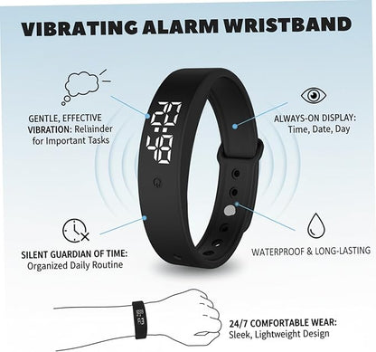 Vibrating Alarm Wristband with Silent Vibration, Waterproof Wrist Watch for Heavy Sleepers, Students and Kids, Unisex Design (Black)