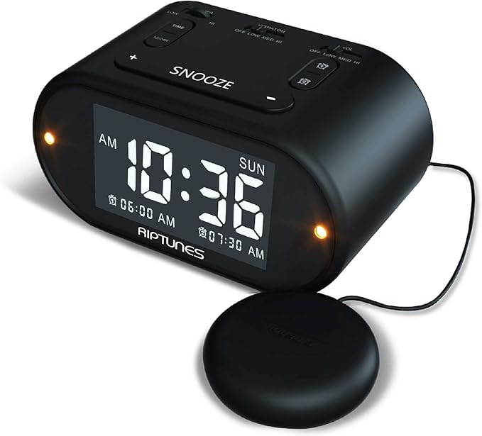 Riptunes Loud Alarm Clock with Bed Shaker for Heavy Sleepers & Hearing Impaired - Dual Alarm for Bedroom Weekday and Weekend Settings USB Charging, Dimmer, Snooze (Black)