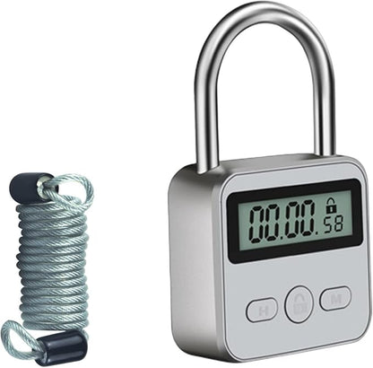 Combination Lock, Metal Timer Lock,Timers,USB Rechargeable Time Timer Padlock with 1m Spring Rope,99 Hours Max Timing Self-Discipline Anti-Addiction Timed Padlock（Silver