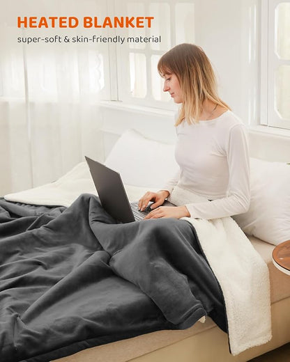 Electric Heated Blanket Throw Size, Faux Fur Throw Blanket, Super Soft Cozy Heating Blanket with 9 Heating Levels & 1-9 Hours Auto Off, Fast Heat & Overheat Protection, 50" x 60", Iron Gray