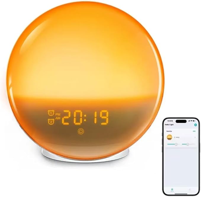 Smart Sunrise Alarm Clock: Simulated Sunrise & Sunset Wake-Up Light with APP/Voice Control, 7 Colour Night Light & 7 Soothing Sounds/FM, Natural Wake and Sleep Aid, Bedside Lamp Gift