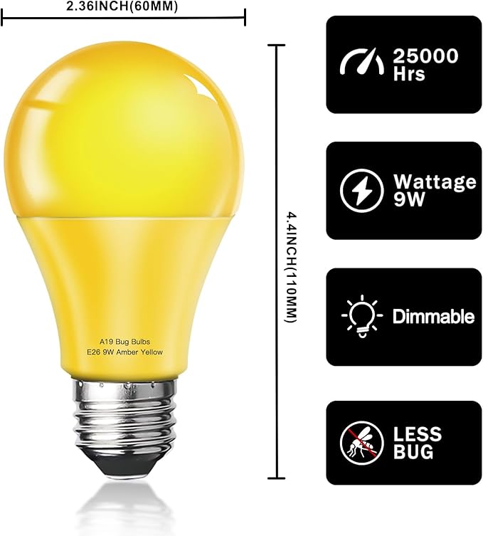 LED Bug Light Bulbs Outdoor 2 Pack, 9W Amber Light Bulbs, 100W Equivalent, A19 Amber Bug Lights for Outside, Bedroom, Hallway Porch Light,Warm Light Bulb