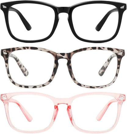 MEETSUN Blue Light Blocking Glasses, Anti Eye Strain Headache (Sleep Better),Computer Reading Glasses UV400 Transparent Lens (Black+Leopard+Pink / 3 PACK, 53)