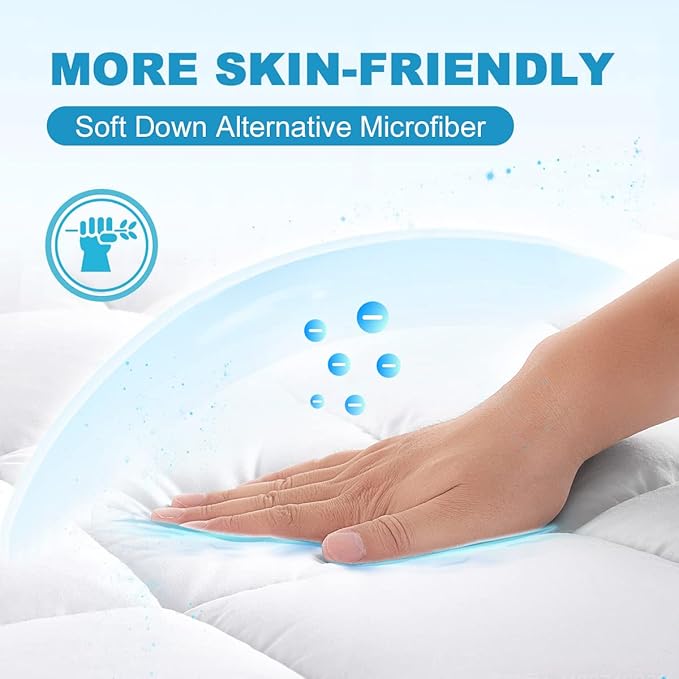 Queen Mattress Pad Cover Cooling Mattress Topper Pillow Top with Down Alternative Fill (8-21” Fitted Deep Pocket Queen Size) White