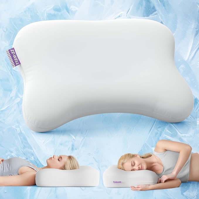 Side Sleeper Neck Pillow for Sleeping - Patented Cervical Neck Pillow with Cooling Cover- High Density Memory Foam Curved Pillows for Adults (Grey)