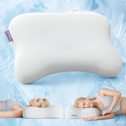 Side Sleeper Neck Pillow for Sleeping - Patented Cervical Neck Pillow with Cooling Cover- High Density Memory Foam Curved Pillows for Adults (Grey)