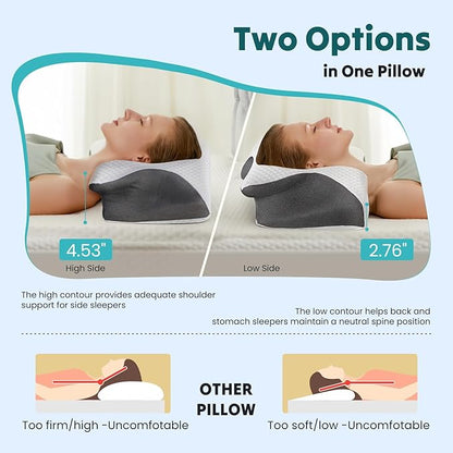 Sweetcrispy Memory Foam Cervical Pillow, 2 in 1 Ergonomic Contour Orthopedic Pillow for Neck Pain, Contour Side Sleeper for Adults, Orthopedic Neck Support for Back Stomach Sleepers, Grey
