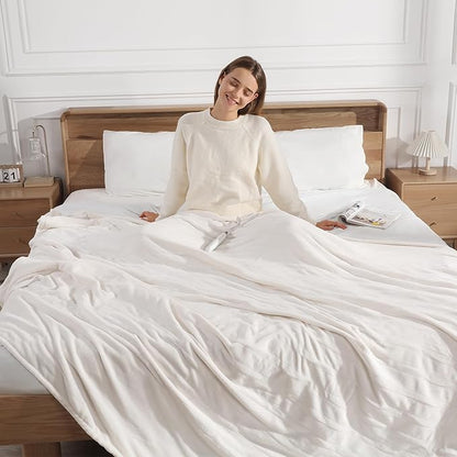 Queen Electric Blanket Dual Control Heated Blanket - Soft Warm Flannel Electric Blanket with 5 Heating Level & 10 Hour Auto Off, ETL Certified & Machine Washable for Grandma Gifts(Cream White)