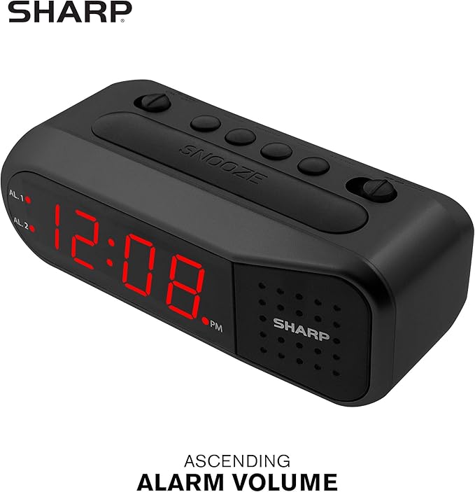 Sharp Easy-Set Digital Alarm Clock for Bedroom – Large Red LED Display, Ascending Loud Alarm for Heavy Sleepers, Dual Alarm Weekday/Weekend, Simple Operation, Snooze & Dimmer Control, Battery Backup