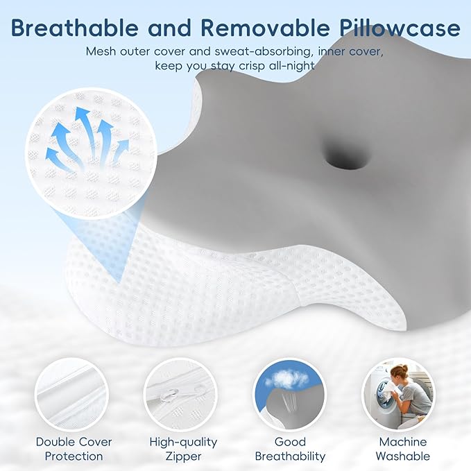 Cervical Neck Pillow for Pain Relief, Ergonomic Contour Pillow for Sleeping, 2 Heights Cooling Pillow for Neck and Shoulder Support, Memory Foam Orthopedic Pillow for Side Back Stomach Sleepers