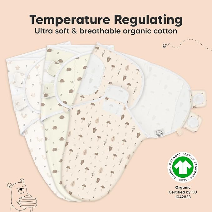 3-Pack Organic Baby Swaddle Sleep Sacks - Swaddles for Newborns, Infant 0-3 Months, Baby Girls, Boys, Soft & Snug Newborn Sleep Sack, Nursery Swaddling Blankets (Nibbles/Bruce, OS)