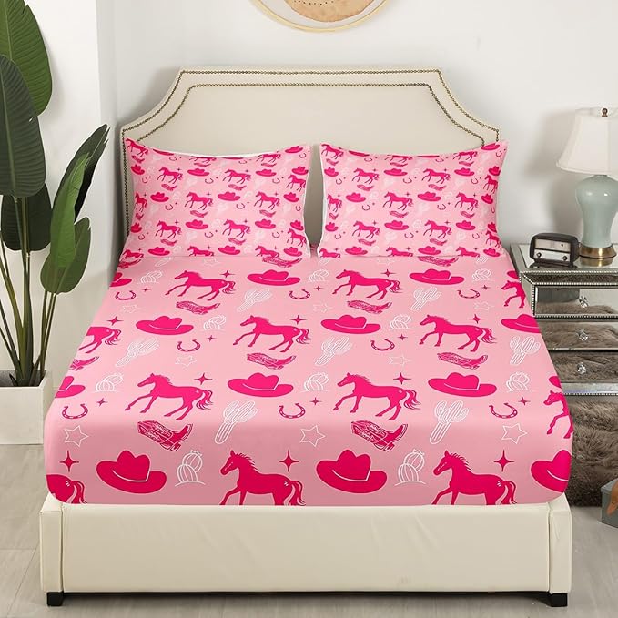 Western Cowgirl Fitted Sheet Queen Size,Retro Horseshoe Tribal Horse Boots Graffiti Bed Cover(1 Fitted Sheet+1 Pillow Case),Desert Cactus Rustic Famhouse Pink Mattress Cover