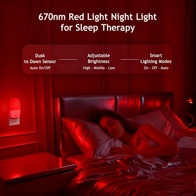 670nm Red Light Night Light for Sleep Therapy, 3 Pack Auto On/Off Dimmable Night Light with Dusk to Dawn Sensor, LED Night Lights Plug into Wall Promote Melatonin Natural Sleep for Baby Kid Adult Room