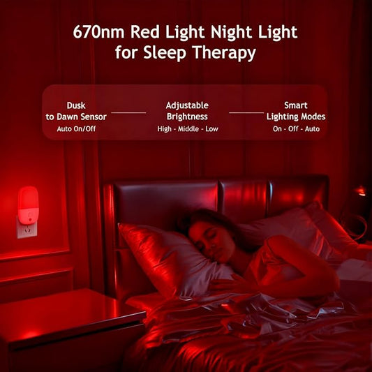 670nm Red Light Night Light for Sleep Therapy, 2 Pack Auto On/Off Dimmable Night Light with Dusk to Dawn Sensor, LED Night Lights Plug into Wall Promote Melatonin Natural Sleep for Baby Kid Adult Room