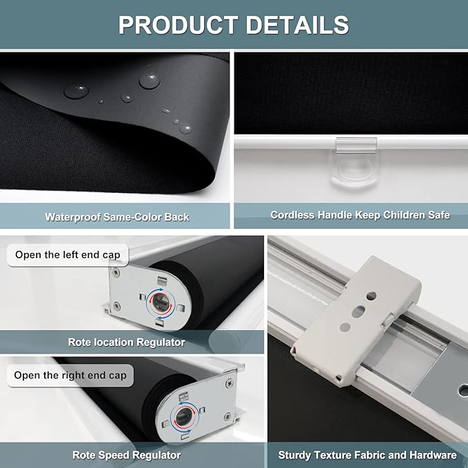 AOSKY Cordless Roller Shades Blackout Blinds for Windows Room Darkening Rolled Up Shades with Spring System, UV Protection Window Shades Door Blinds for Home and Office (47" W x 72" H, Black)