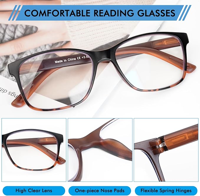 5 Pack Blue Light Blocking Reading Glasses for Men with Spring Hinge Fashion Large Wide Computer Readers for Men