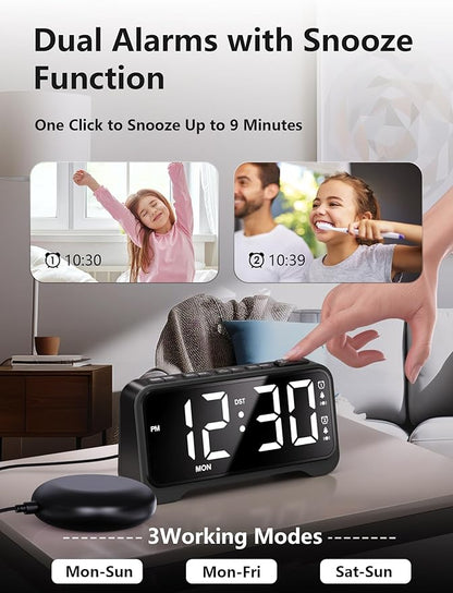 Vibrating Alarm Clock for Heavy Sleepers with Bed Shaker, Extra Loud Buzzer, Dual Alarms, Adjustable Night Light, USB Charging, Battery Backup, for Seniors, Teens, Hearing Impaired