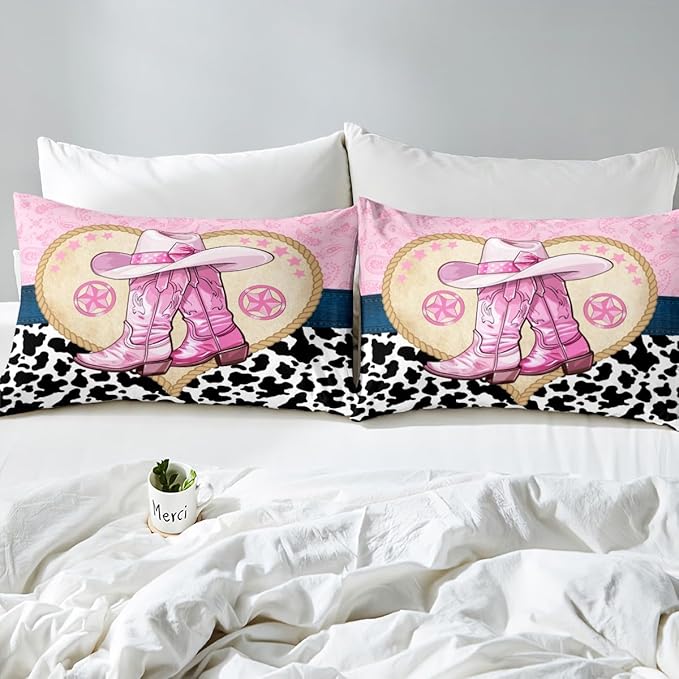 Cowgirl Boots Fitted Sheet Twin Size,Pink Bowknot Western Boho Paisley Texas Star Vintage Bed Sheet with 1 Pillowcase,Rustic Farmhouse Cowhide Soft Decorative Fabric Bedding,Room Gift