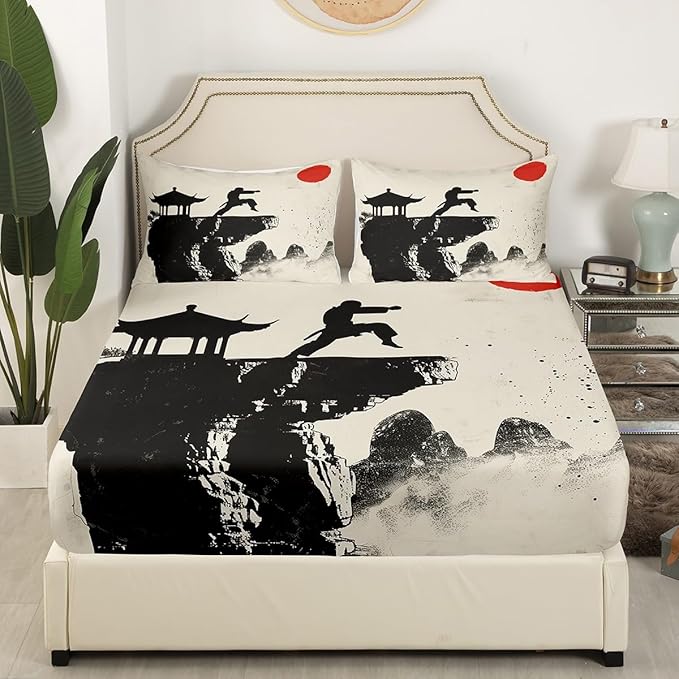 Manfei Karate Fitted Sheet Queen Size, Japanese Style Sports Theme Bedding Set 3pcs, Japanese Kungfu Bed Cover with 2 Pillowcases, Kids Boys Teens Adult Room Decor, Soft Bedding(No Top Sheet)