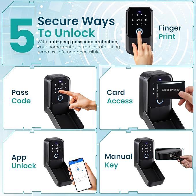 Smart Digital Wireless Lock Box – App-Controlled Key Storage with Fingerprint, Bluetooth, Passcode, Card & Key Access for Home, Office, Airbnb, Realtor – Wall or Door Mount