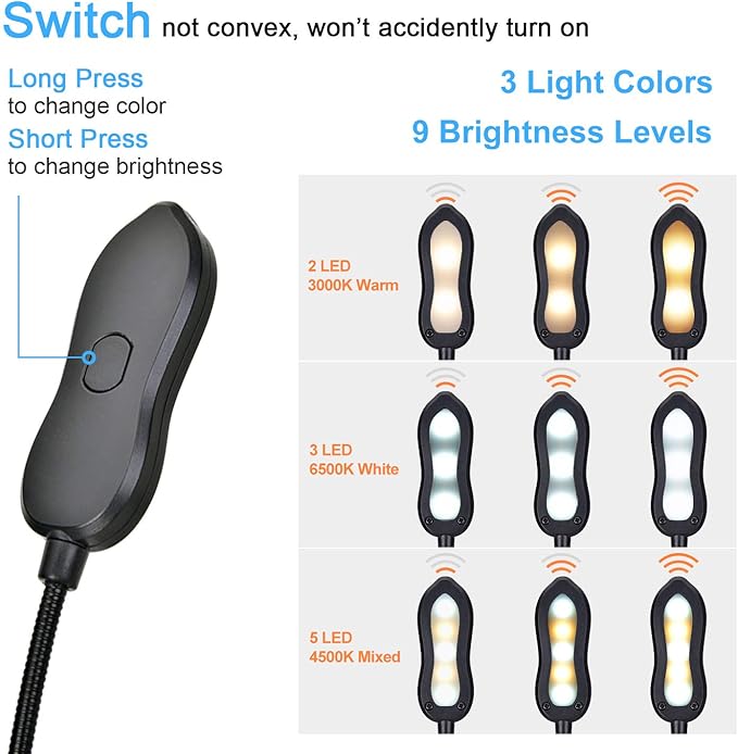 Rechargeable Book Light: Clip on LED Book Light for Reading in Bed - Adjustable 3 Color 3 Brightness - 60 Hours Eye Care Reading Lamp-Lightweight & Portable for Bed &Travel (Black)