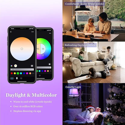 Smart Light Bulb, WiFi & Bluetooth 5.0, Works with Alexa Google Assistant, App Control, Color Changing LED Bulb,E26 800LM Dimmable RGB Lights, Smart Home Lighting, Dimmable, 1Pack