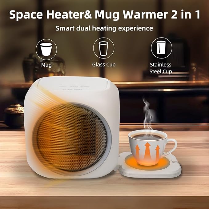 Space Heater with Mug Warmer, Electric Space Heaters for Indoor Use with Thermostatc, Candle Warmer Pate for Bedroom, Office, Large Room Use