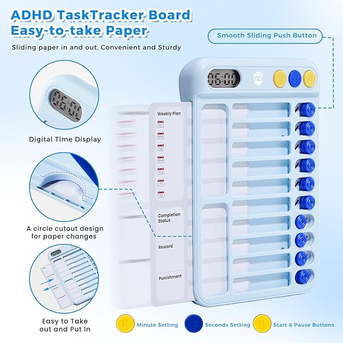 Magnetic Chore Chart for Kids with Timer, Visual Schedule for Kids, ADHD Tools to Do List, Checklist with 99-Min Countup/Countdown Chore Board with Sliders & Dry-Erase Sheets (Blue)