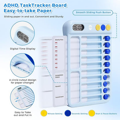 Magnetic Chore Chart for Kids with Timer, Visual Schedule for Kids, ADHD Tools to Do List, Checklist with 99-Min Countup/Countdown Chore Board with Sliders & Dry-Erase Sheets (Blue)