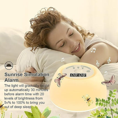 Alarm Clock Wake Up Light, Smart Home LED Bed Head Colorful Simulated Sunrise Nature Ambient Light Alarm Clock Help to Sleep Dimmable Night Light Table Clock