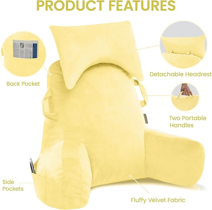 Portable Reading Pillows with Headrest for Bed Sitting Up(Yellow Oeko-Tex), Velvet Back Pillow with Arms & Pockets for Adults, Support Memory Foam Bed Pillow for Dorm/Reading/Watching/Gaming