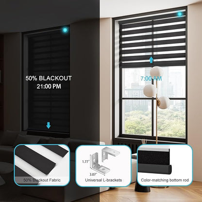 Motorized Zebra Blinds with Remote Smart Blind Work with Homekit Alexa SmartThings Electric Day and Night Shade Cordless Automatic Solar Powered Window Shade Customize(Starry Black)