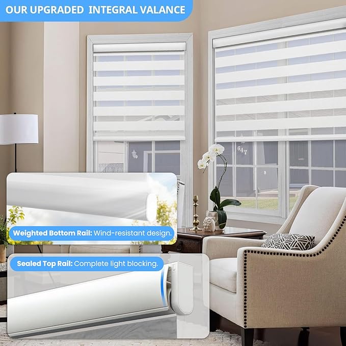 Motorized Zebra Blinds with Remote, Smart Dual Layer Automatic Shades with Privacy Light Control, Cordless Electric Blackout Blind for Indoor Windows, White, 39" W x 72" H