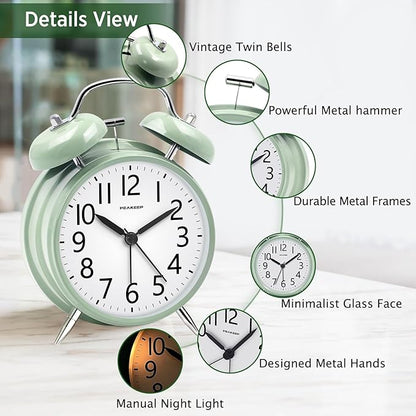 Peakeep Loud Battery Alarm Clock for Heavy Sleepers Adults Kids, Analog 4.5" Twin Bell Old School Fashioned Style for Bedrooms Living Room Decor (Avocado Green)