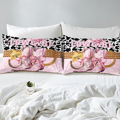 Western Cowgirl Fitted Sheet,Full Size Pink Bowknot Boots American Tribal Hoseshoe Collections,Boho Paisley Rustic Cowhide Patchwork Bedding Deep Pocket for Teens Young with 2 Pillowcases