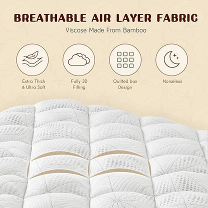 King Size Mattress Topper, Thick Quilted Fitted Mattress Pad Cover Breathable Bamboo Viscose Cooling Mattress Protector with 6-18 Inch Deep Pocket, Machine Washable (78x80 Inches, White)